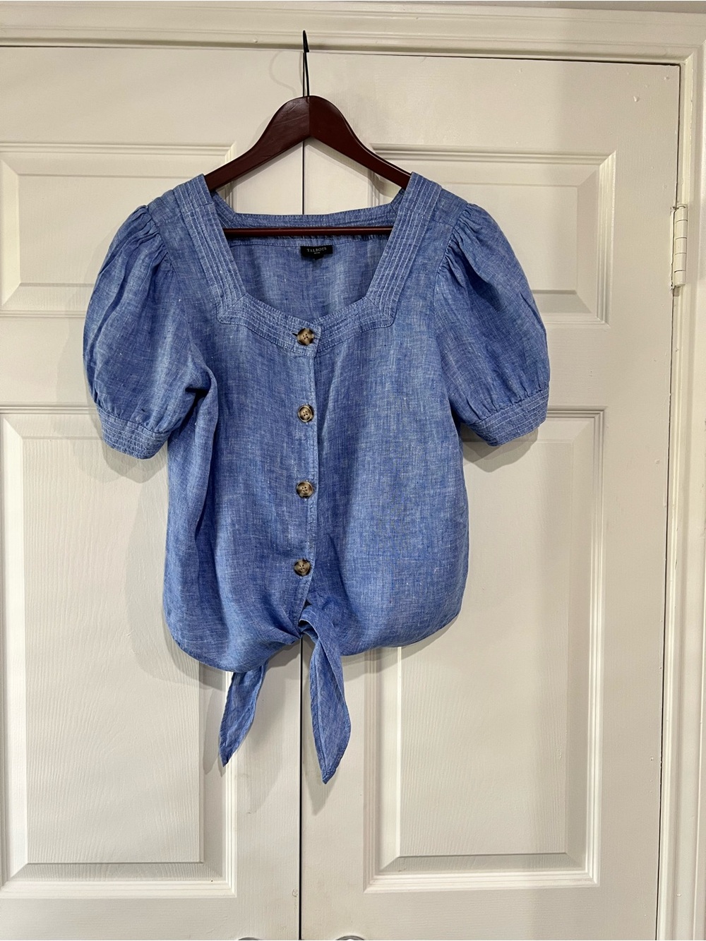 Talbots Chambray Puff-Sleeve Tie-Hem Blouse